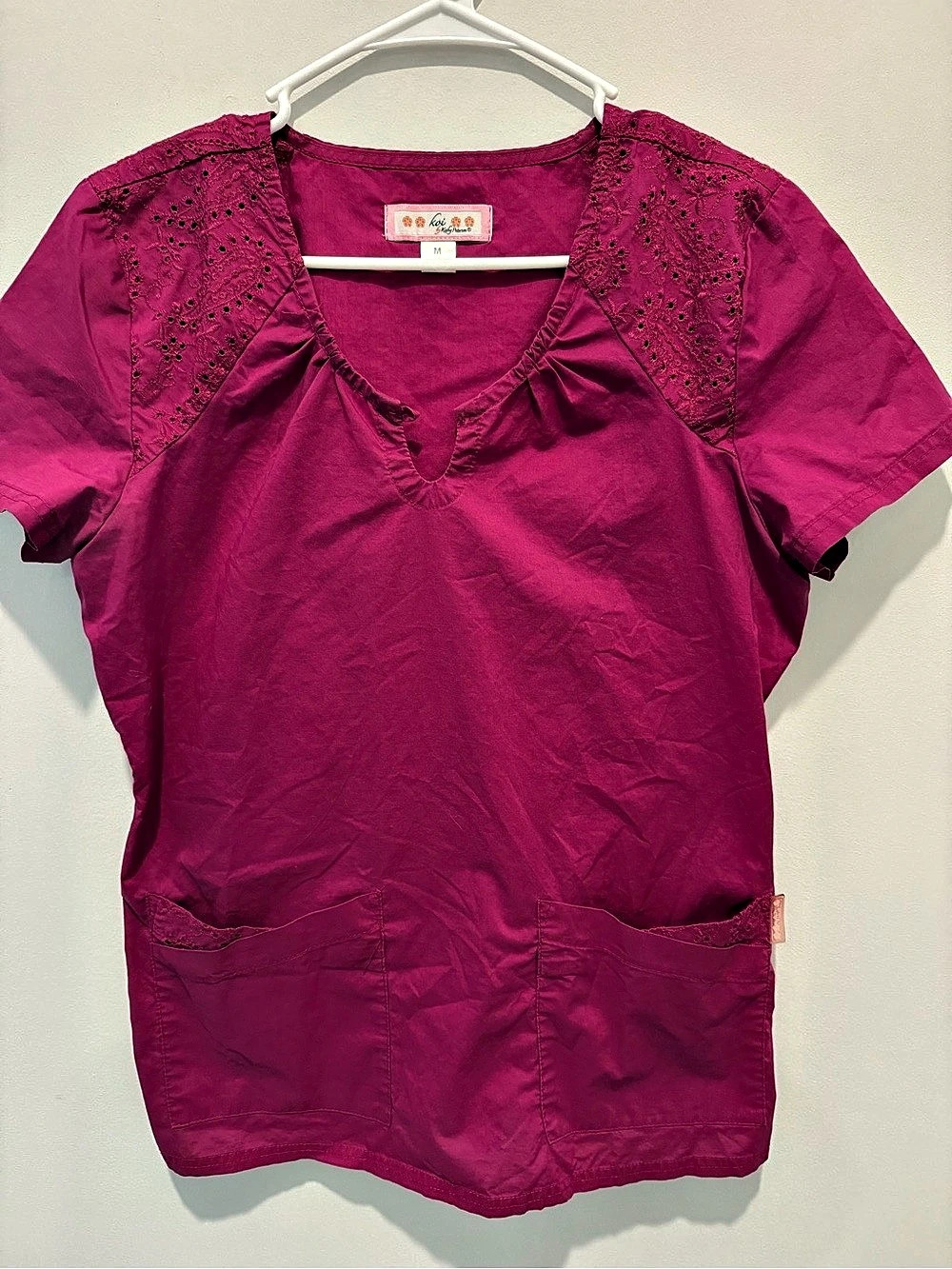 Koi Embroidered Scrub Top in Pink Medium